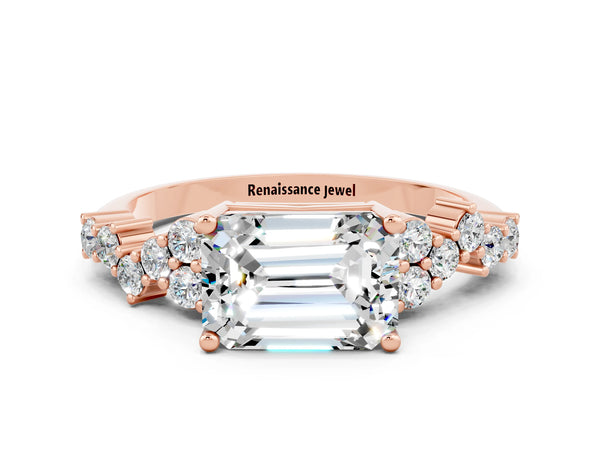 Rose gold Emerald Cut Moissanite Scattered Round Accent Ring with Prong Setting