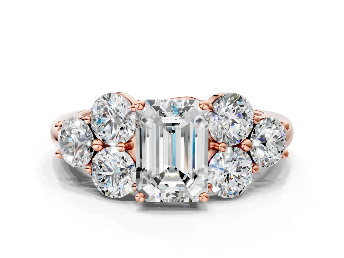Rose gold Emerald Cut Diamond Cluster Ring with Round Accent Stones and Prong Setting on a Classic Band_62