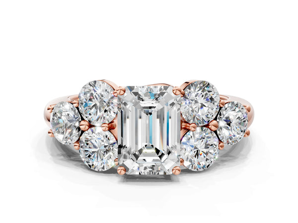 Rose Gold Emerald Cut Cluster Engagement Ring Setting with Round Side Stone Trios and Plain Band