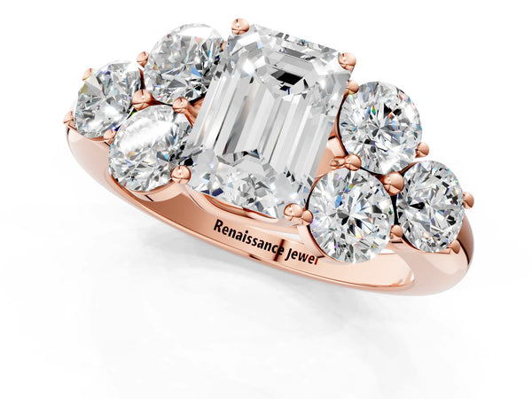 Rose Gold Emerald Cut Cluster Engagement Ring Setting with Round Side Stone Trios and Plain Band