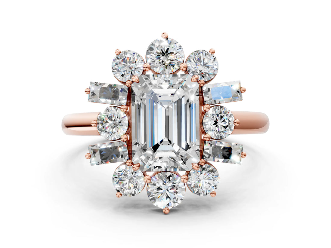 Rose gold Emerald Cut Diamond Cluster Ring with Round and Baguette Stones, Split Shank Band, Prong Setting_15