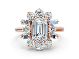 Rose gold Emerald Cut Diamond Cluster Ring with Round and Baguette Stones, Split Shank Band, Prong Setting_15