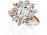 Rose gold Emerald Cut Diamond Cluster Ring with Round and Baguette Stones, Split Shank Band, Prong Setting_16