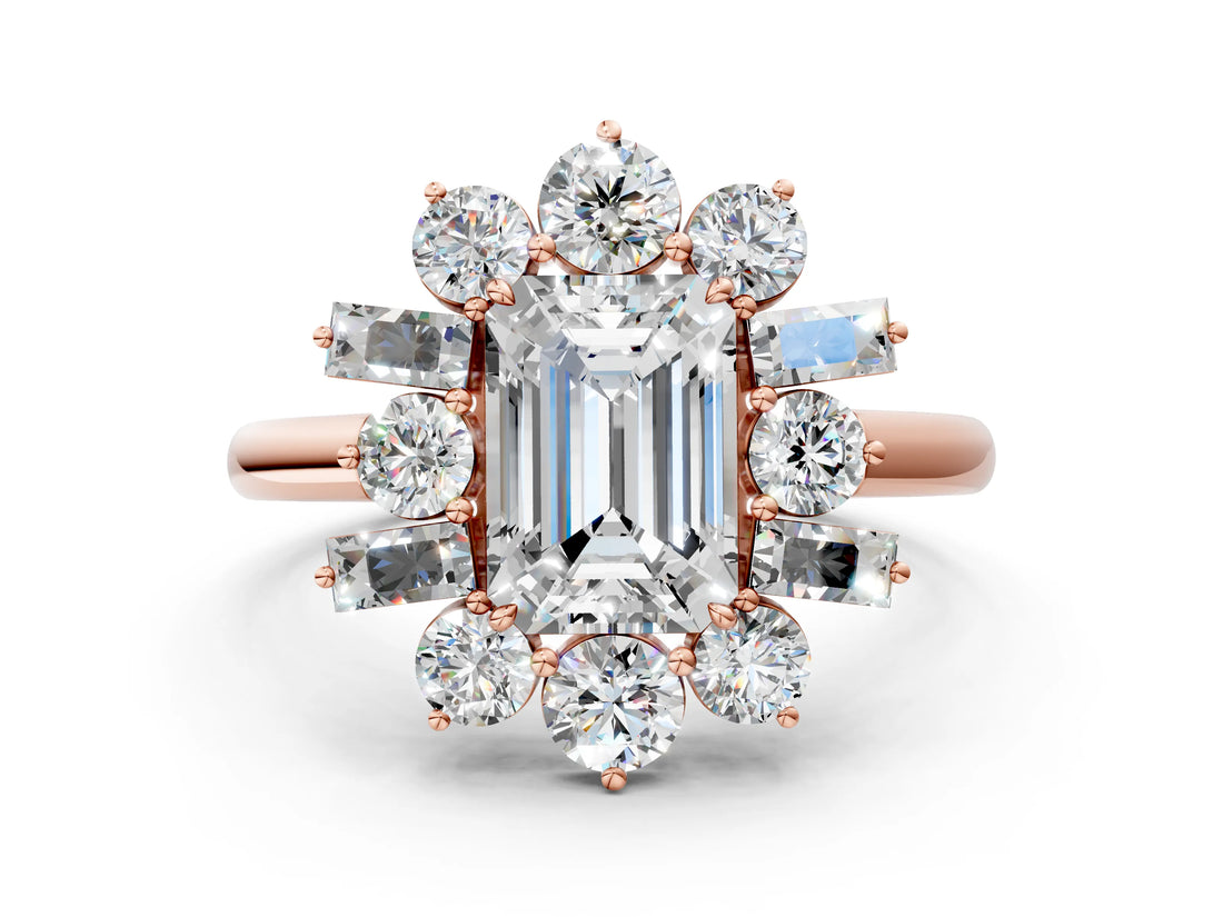 Rose gold Emerald Cut Diamond Cluster Ring with Round and Baguette Stones, Split Shank Band, Prong Setting_3