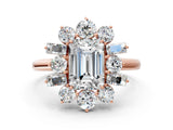 Rose gold Emerald Cut Diamond Cluster Ring with Round and Baguette Stones, Split Shank Band, Prong Setting_3