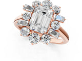 Rose gold Emerald Cut Diamond Cluster Ring with Round and Baguette Stones, Split Shank Band, Prong Setting_4