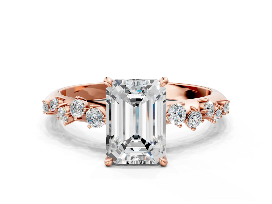 Rose gold Emerald Cut Diamond Cluster Side Stone Solitaire Ring with Prong Setting_64
