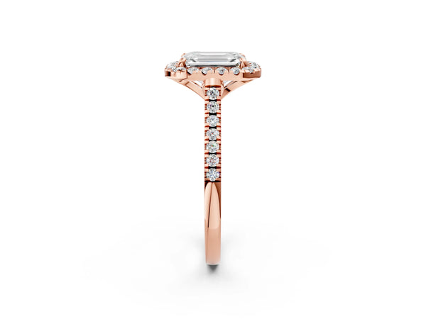 Rose Gold Emerald Cut Contoured Halo Pave Engagement Ring Setting