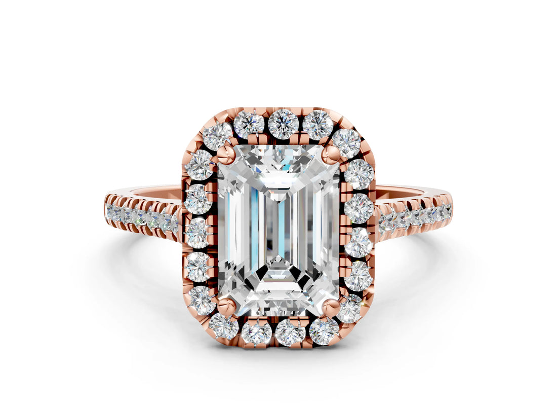 Rose gold Emerald Cut Diamond Cushion Halo Ring with Pavé Band_3