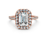 Rose gold Emerald Cut Diamond Cushion Halo Ring with Pavé Band_3
