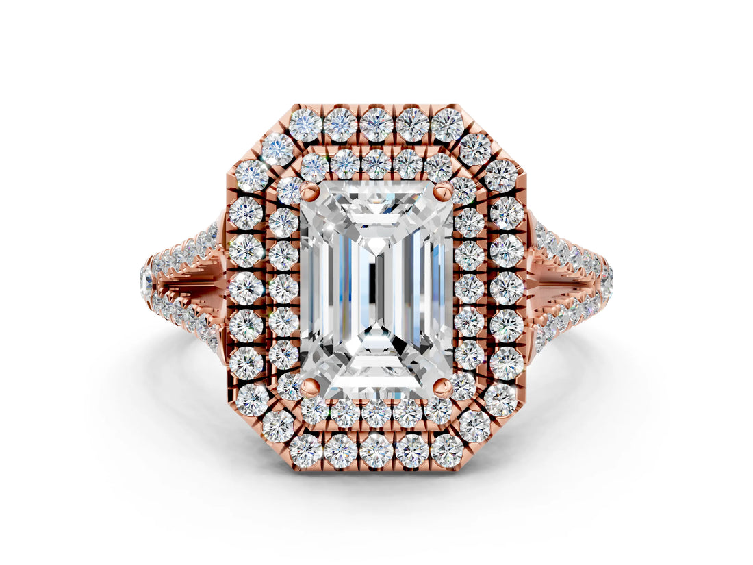 Rose gold Emerald Cut Diamond Double Halo Ring with Pavé Band and Prong Setting_114