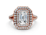 Rose gold Emerald Cut Diamond Double Halo Ring with Pavé Band and Prong Setting_114