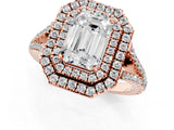 Rose gold Emerald Cut Diamond Double Halo Ring with Pavé Band and Prong Setting_115