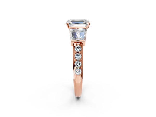 Rose gold Emerald Cut Diamond Engagement Ring with Baguette Side Stones and Channel Set Band