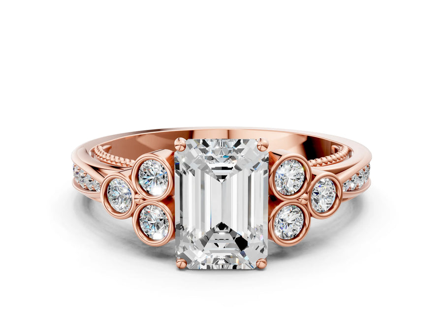 Rose gold Emerald Cut Diamond Engagement Ring with Bezel Set Round Side Stones and Prong Setting