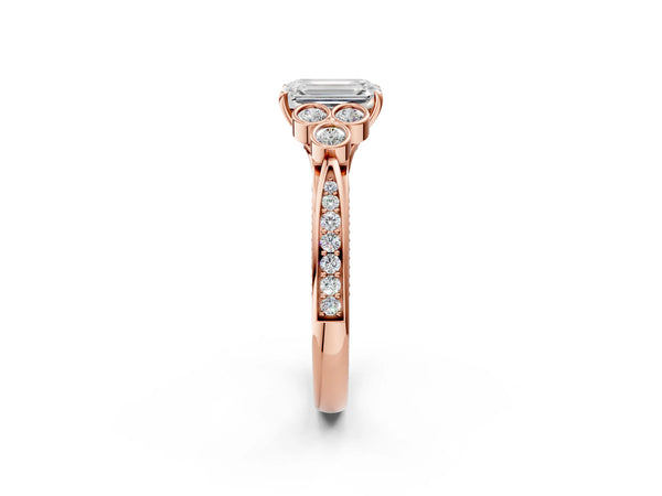 Rose gold Emerald Cut Diamond Engagement Ring with Bezel Set Round Side Stones and Prong Setting