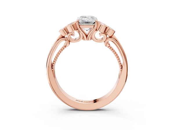 Rose gold Emerald Cut Diamond Engagement Ring with Bezel Set Round Side Stones and Prong Setting