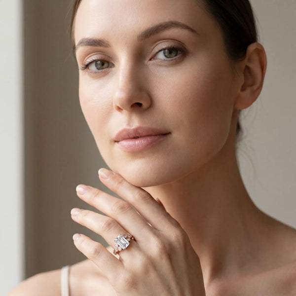Rose gold Emerald Cut Diamond Engagement Ring with Bezel Set Round Side Stones and Prong Setting