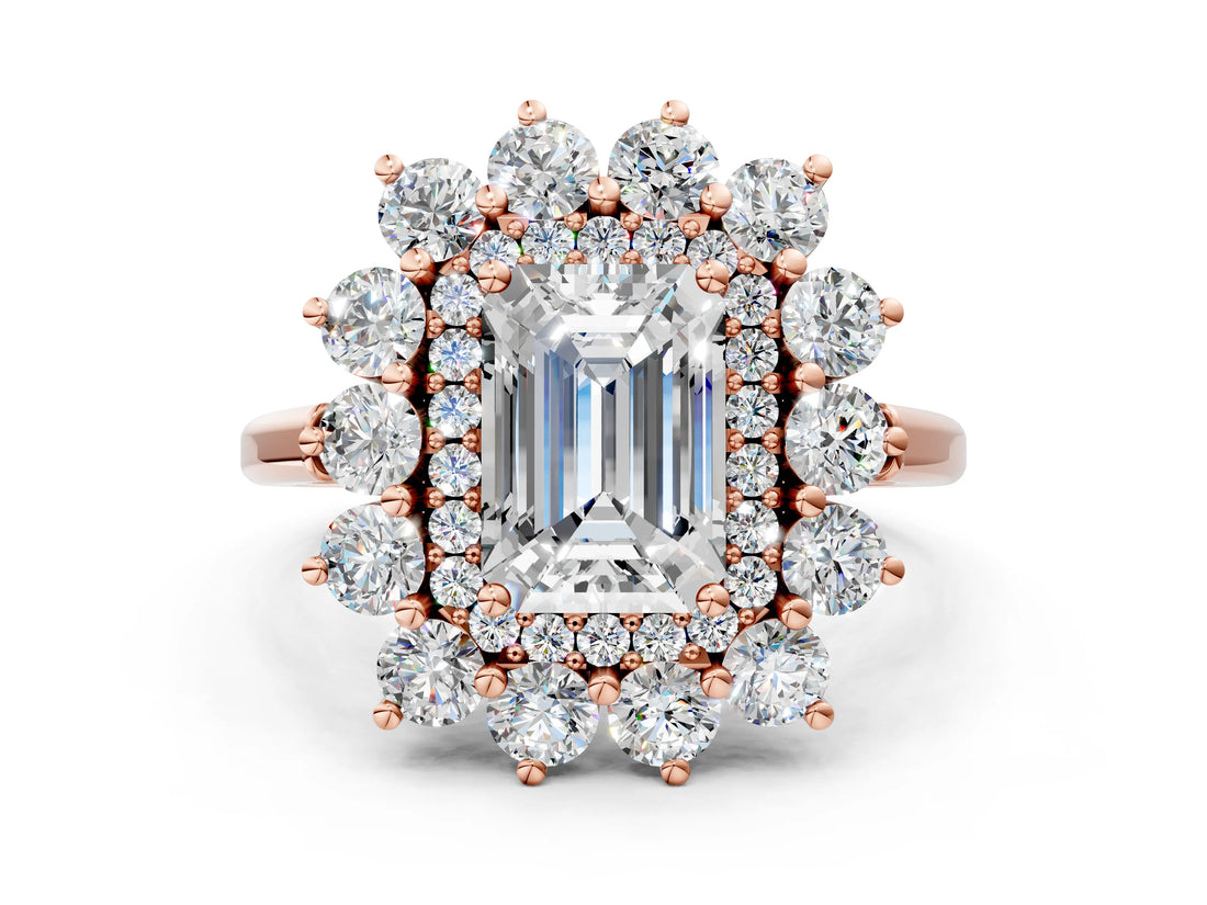 Rose gold Emerald Cut Diamond Floral Double Halo Engagement Ring with Prong Setting_27