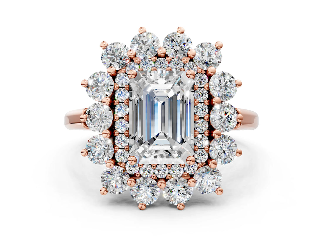 Rose gold Emerald Cut Diamond Floral Double Halo Engagement Ring with Prong Setting_63