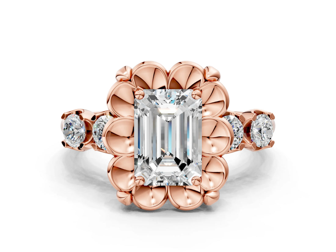 Rose gold Emerald Cut Diamond Floral Halo Engagement Ring with Shared Prong Setting