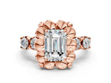 Rose gold Emerald Cut Diamond Floral Halo Engagement Ring with Shared Prong Setting