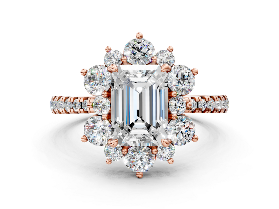 Rose gold Emerald Cut Diamond Floral Halo Pave Band with Prong Setting_37