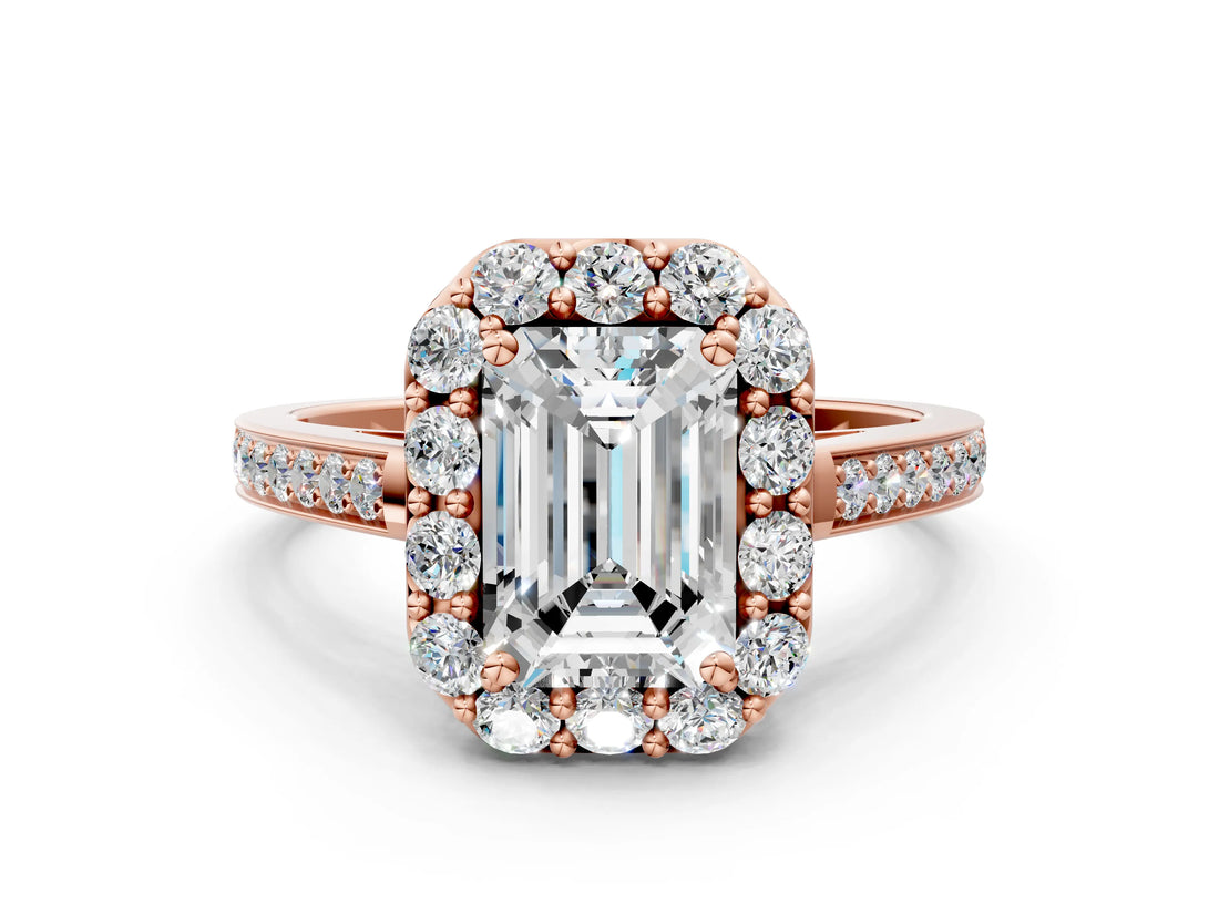 Rose gold Emerald Cut Diamond Floral Halo Ring with Pavé Band and Prong Setting_3