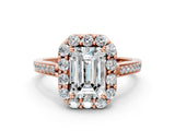 Rose gold Emerald Cut Diamond Floral Halo Ring with Pavé Band and Prong Setting_3