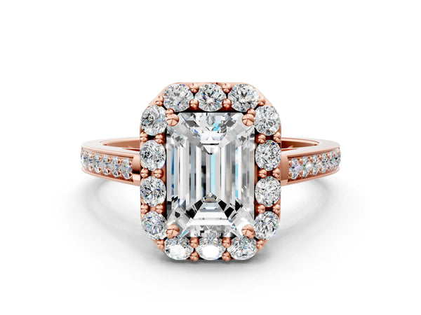 Rose gold Emerald Cut Diamond Floral Halo Ring with Pavé Band and Prong Setting