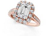 Rose gold Emerald Cut Diamond Floral Halo Ring with Pavé Band and Prong Setting_4