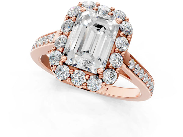 Rose gold Emerald Cut Diamond Floral Halo Ring with Pavé Band and Prong Setting