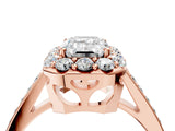 Rose gold Emerald Cut Diamond Floral Halo Ring with Pavé Band and Prong Setting_7