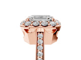 Rose gold Emerald Cut Diamond Floral Halo Ring with Pavé Band and Prong Setting_8