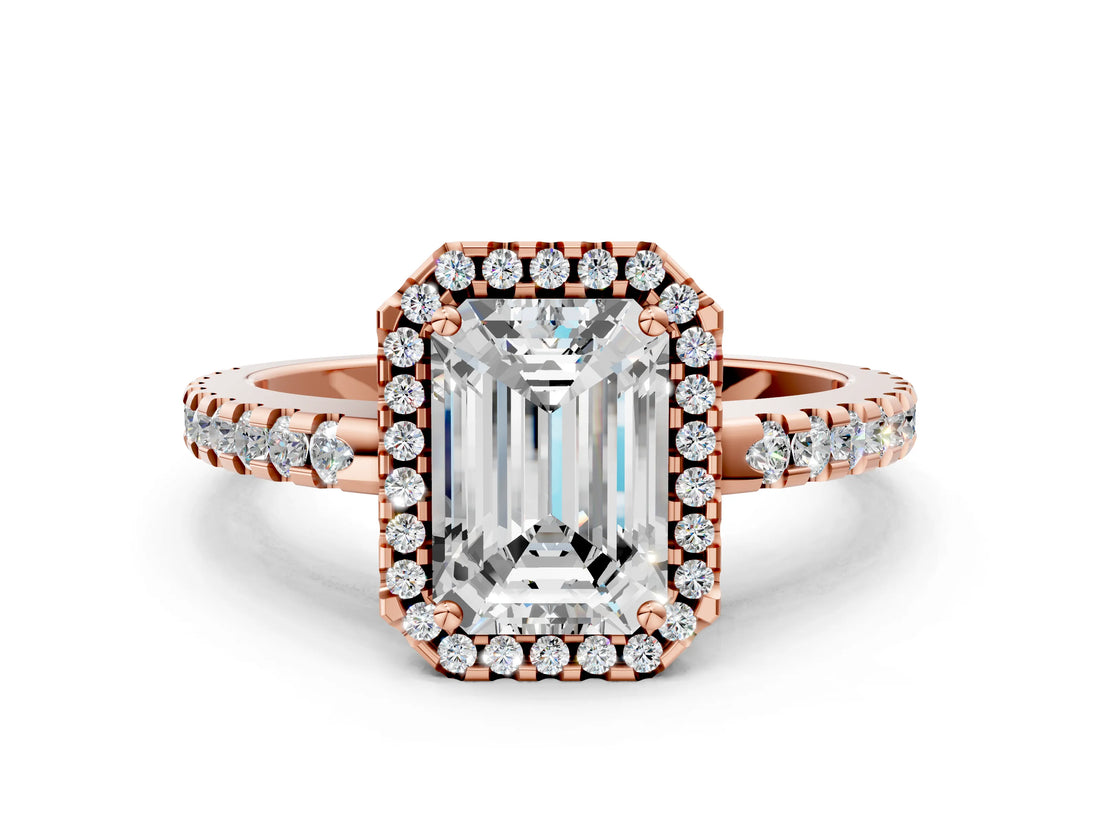Rose gold Emerald Cut Diamond Halo Engagement Ring with Pavé Band and Prong Setting_27