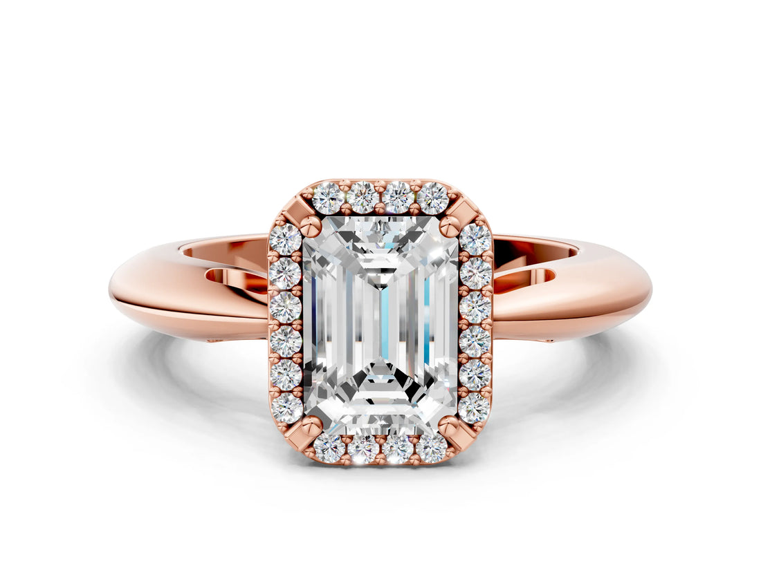 Rose gold Emerald Cut Diamond Halo Engagement Ring with Split Shank and Four-Prong Setting_94
