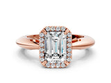 Rose gold Emerald Cut Diamond Halo Engagement Ring with Split Shank and Four-Prong Setting_94
