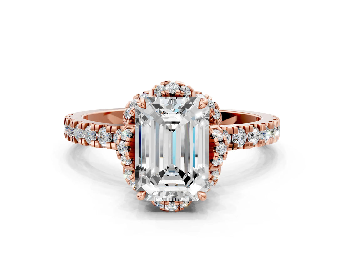Rose gold Emerald Cut Diamond Halo Pave Band with Four-Prong Setting_3