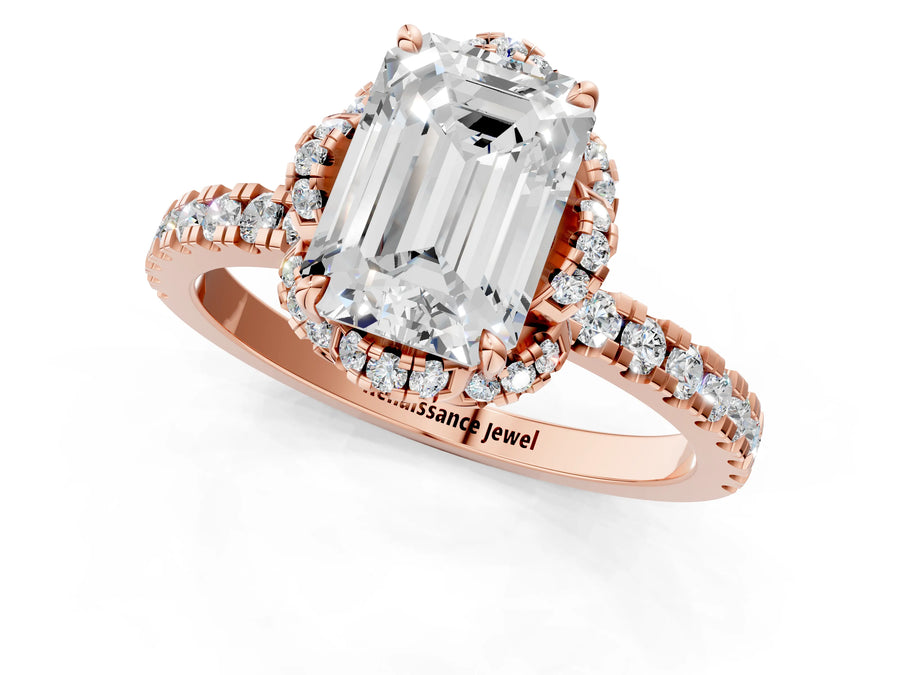 Rose gold Emerald Cut Diamond Halo Pave Band with Four-Prong Setting