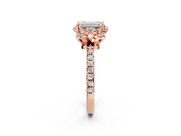 Rose gold Emerald Cut Diamond Halo Pave Band with Four-Prong Setting