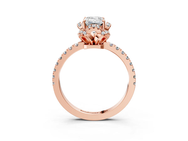 Rose gold Emerald Cut Diamond Halo Pave Band with Four-Prong Setting