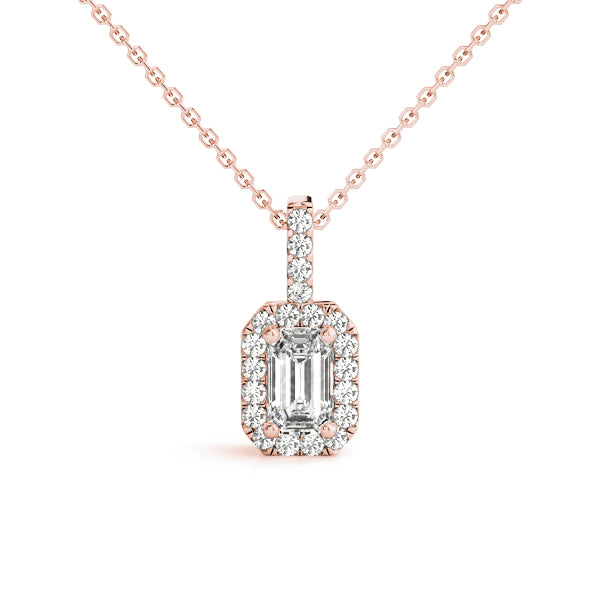 Rose gold Emerald Cut Diamond Halo Pendant with Prong Setting
