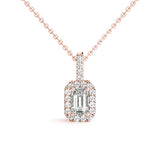 Rose gold Emerald Cut Diamond Halo Pendant with Prong Setting