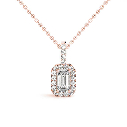 Rose gold Emerald Cut Diamond Halo Pendant with Prong Setting