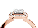 Rose gold Emerald Cut Diamond Halo Ring with Bezel Frame and Pavé Band_11