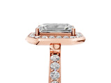 Rose gold Emerald Cut Diamond Halo Ring with Bezel Frame and Pavé Band_12