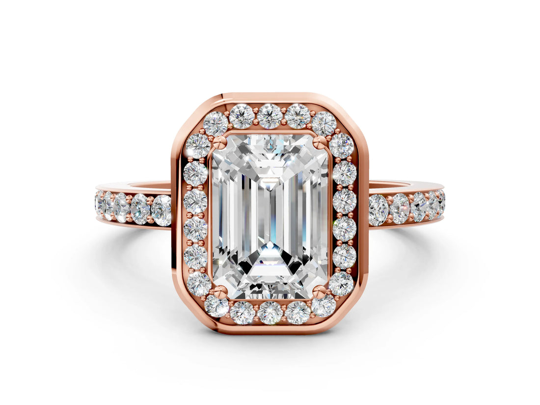Rose gold Emerald Cut Diamond Halo Ring with Bezel Frame and Pavé Band_7
