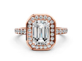 Rose gold Emerald Cut Diamond Halo Ring with Bezel Frame and Pavé Band_7