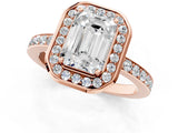Rose gold Emerald Cut Diamond Halo Ring with Bezel Frame and Pavé Band_8