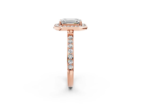 Rose Gold Emerald Cut Pave Bezel-Rim Halo Engagement Ring Setting